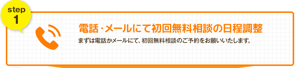STEP1：電話・メールにて初回無料相談の日程調整：まずは電話かメールにて、初回無料相談のご予約をお願いいたします。