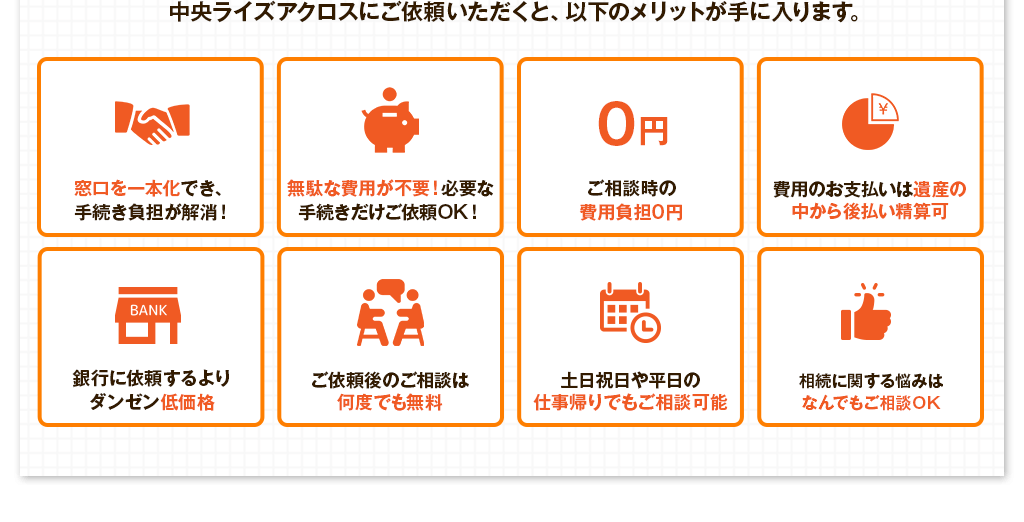 中央ライズアクロスにご依頼いただくと、以下のメリットが手に入ります。
			・窓口を一本化でき、手続き負担が解消！
			・無駄な費用が不要！必要な手続きだけご依頼OK！
			・ご相談時の費用負担0円
			・費用のお支払いは遺産の中から後払い精算可
			・銀行に依頼するよりダンゼン低価格
			・ご依頼後のご相談は何度でも無料
			・土日祝日や平日の仕事帰りでもご相談可能
			・相続に関する悩みはなんでもご相談OK
			